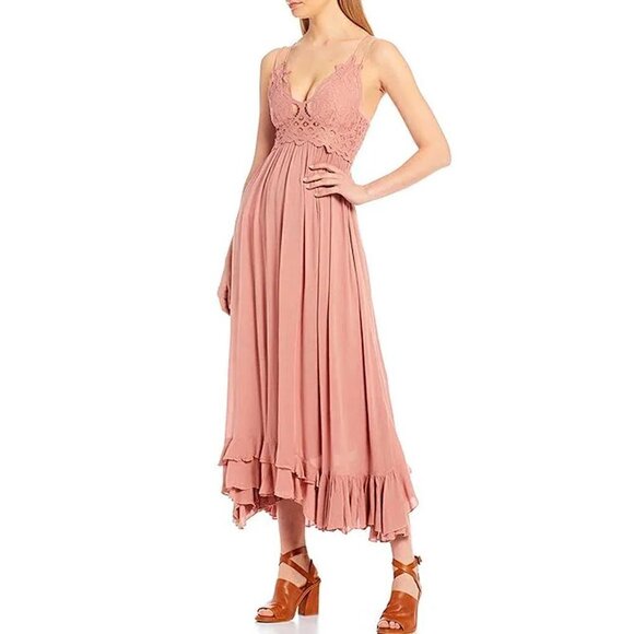 Free People Dresses & Skirts - Free People Medium Crochet Lace Maxi Slip Dress Rose Pink Strappy Back Gauze NWT